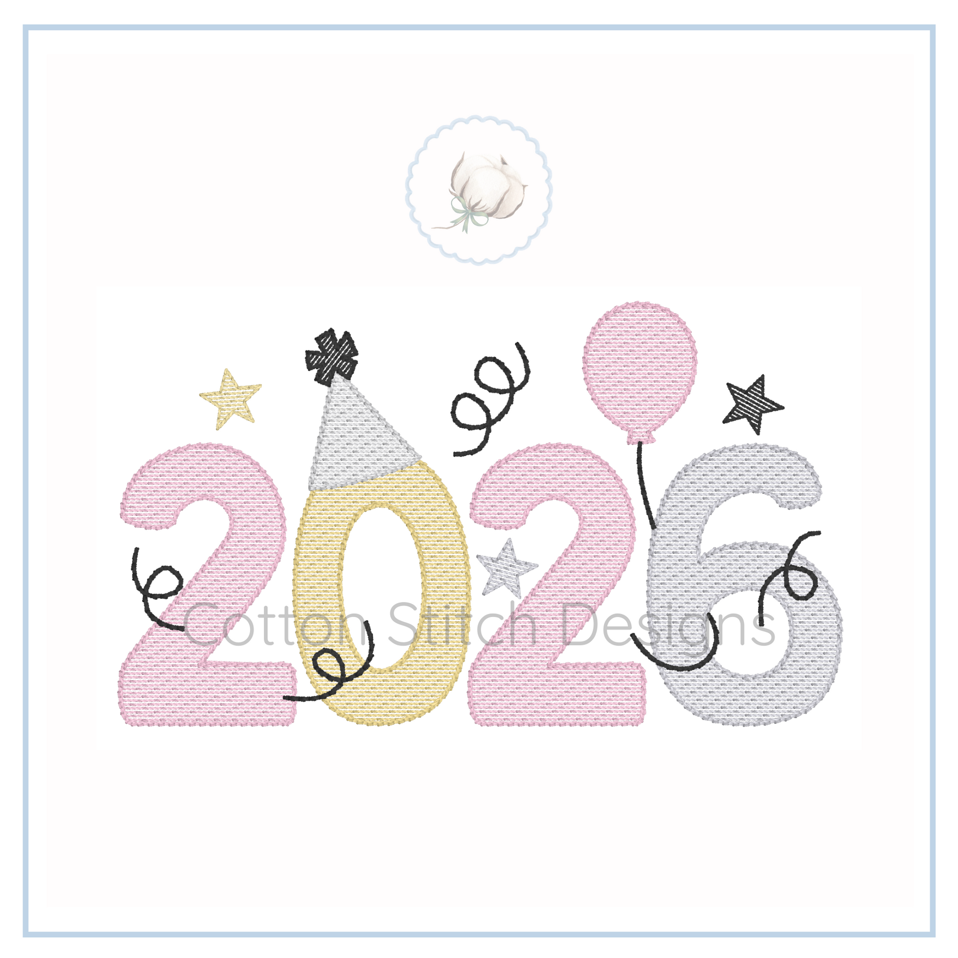 Machine Embroidery design Cotton Stitch Designs Embroidery design with '2026' text in pastel colors on a white background.