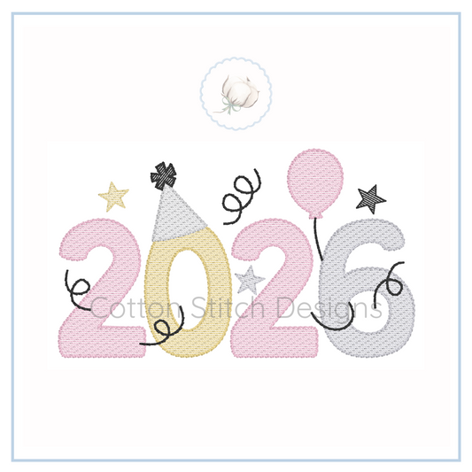 Machine Embroidery design Cotton Stitch Designs Embroidery design with '2026' text in pastel colors on a white background.