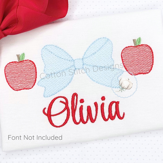 Machine Embroidery design Cotton Stitch Designs Embroidered design with red apples and a blue bow on a white background, featuring the name 'Olivia'.