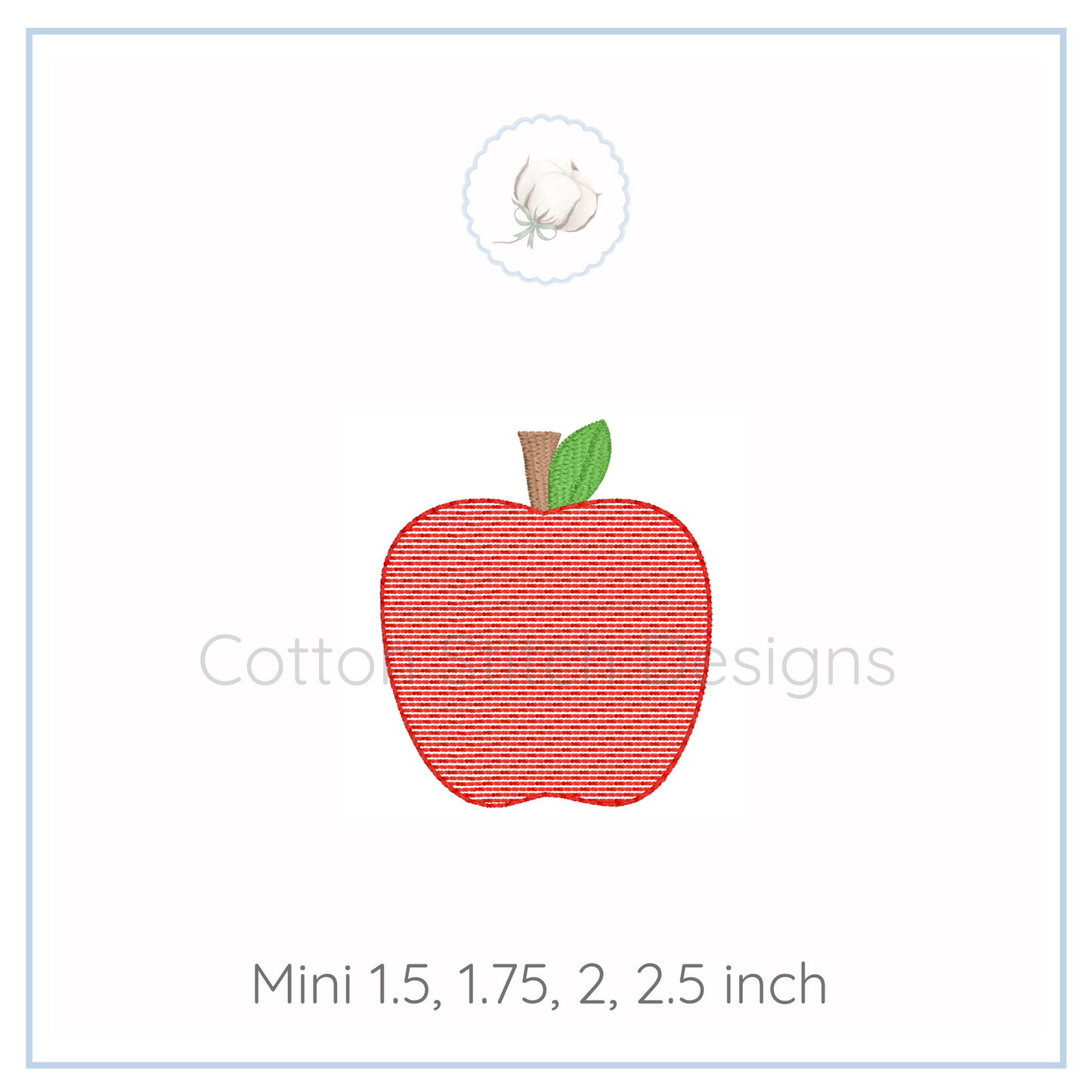 Machine Embroidery design Cotton Stitch Designs Red apple design with a green leaf on a white background, featuring the brand 'Cotton Stitch Designs'.