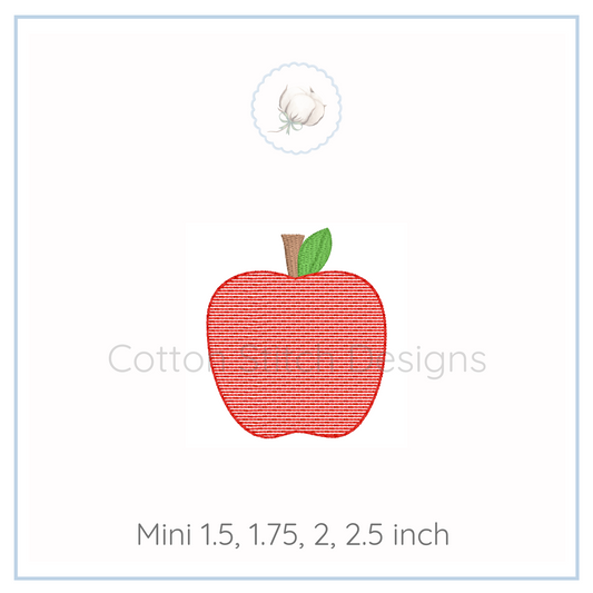 Machine Embroidery design Cotton Stitch Designs Red apple design with a green leaf on a white background, featuring the brand 'Cotton Stitch Designs'.