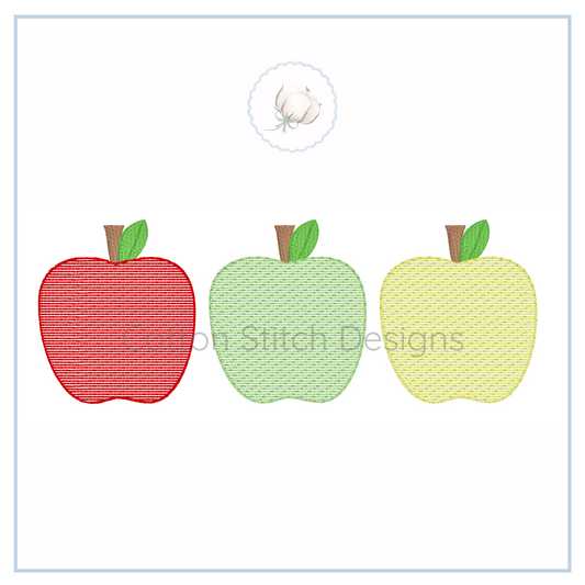 Machine Embroidery design Cotton Stitch Designs Three embroidered apples in red, green, and yellow on a white background with 'Cotton Stitch Designs' branding.