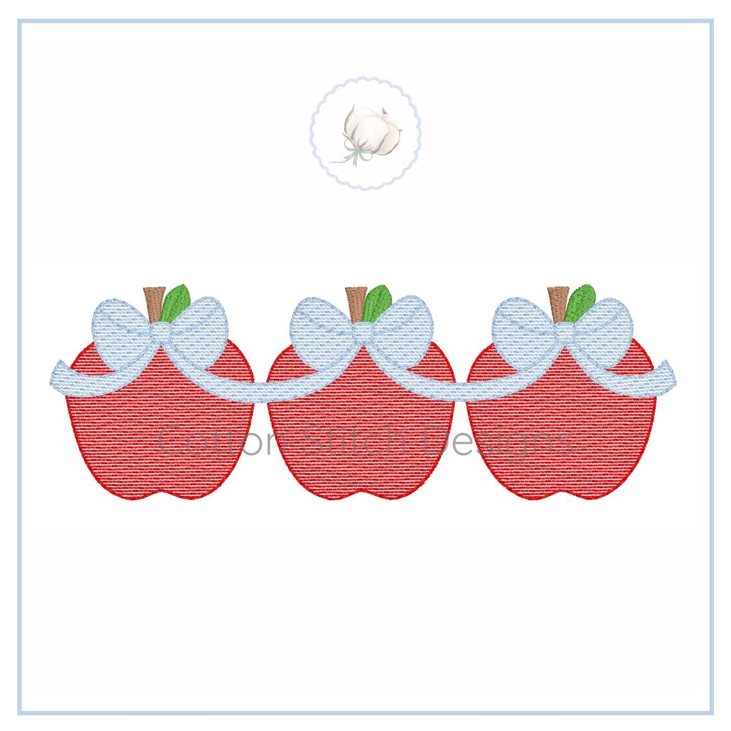 Machine Embroidery design Cotton Stitch Designs apples with bows on a white background.