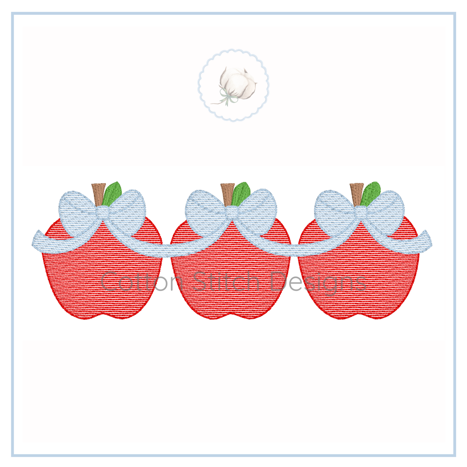 Machine Embroidery design Cotton Stitch Designs apples with bows on a white background.