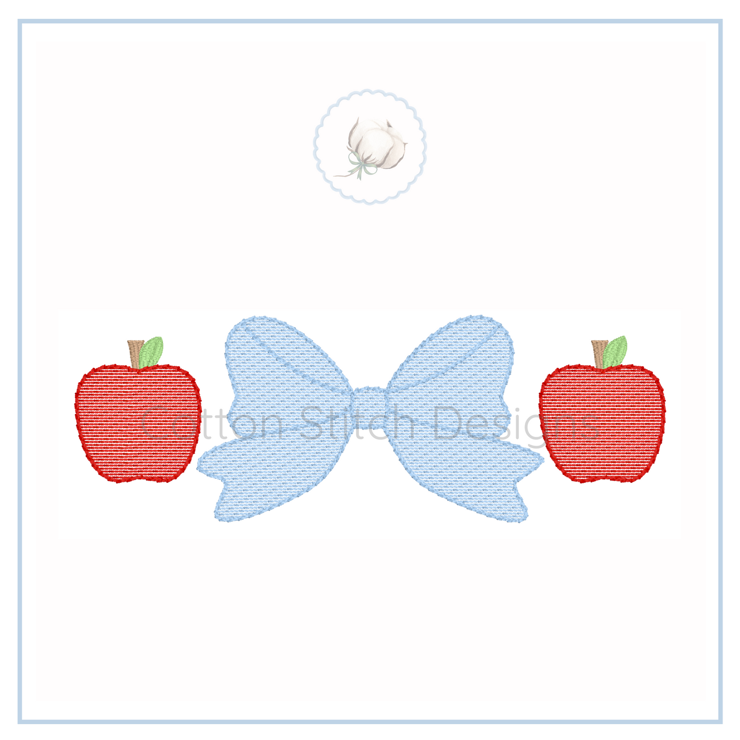 Machine Embroidery design Cotton Stitch Designs Embroidered design of a blue bow with red apples on a white background