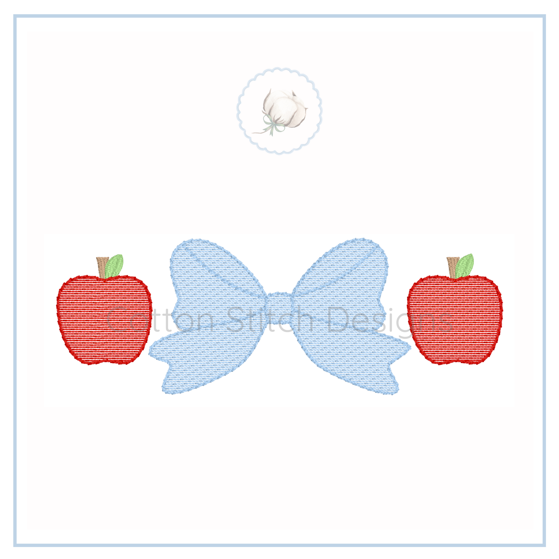 Machine Embroidery design Cotton Stitch Designs Embroidered design of a blue bow with red apples on a white background