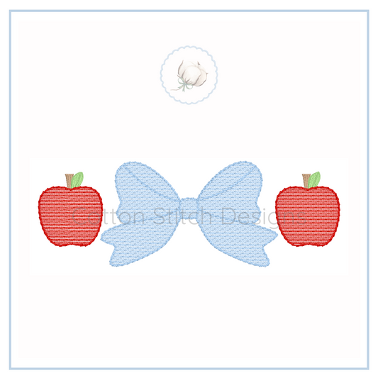 Machine Embroidery design Cotton Stitch Designs Embroidered design of a blue bow with red apples on a white background