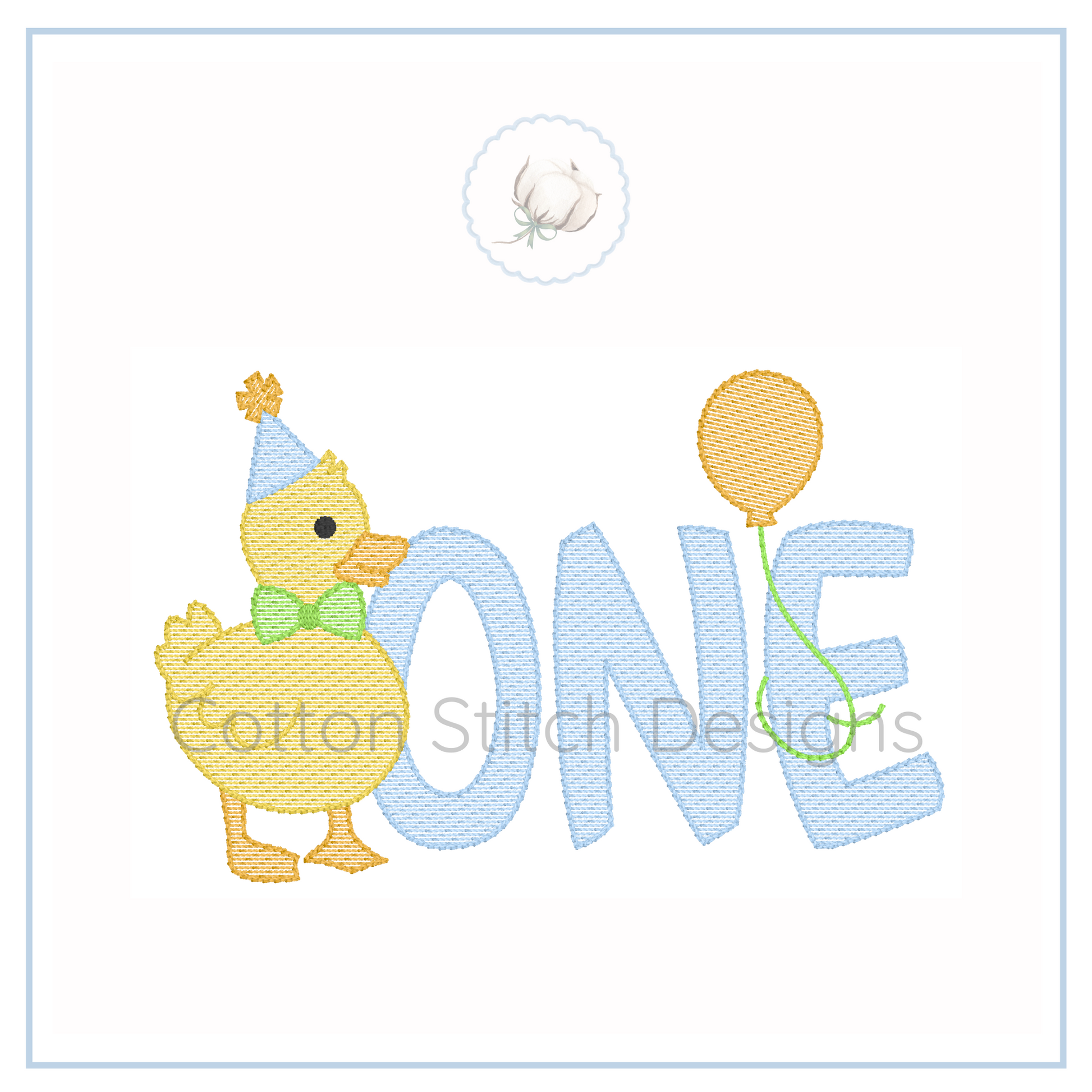 Machine Embroidery design Cotton Stitch Designs Embroidery design with a duckling, party hat, and balloon next to the word 'ONE'.