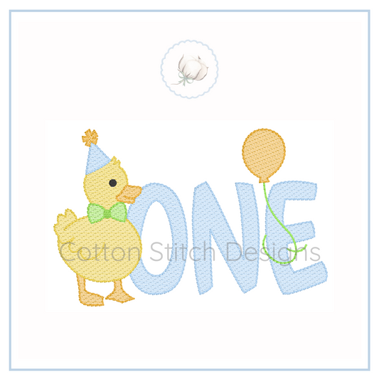 Machine Embroidery design Cotton Stitch Designs Embroidery design with a duckling, party hat, and balloon next to the word 'ONE'.