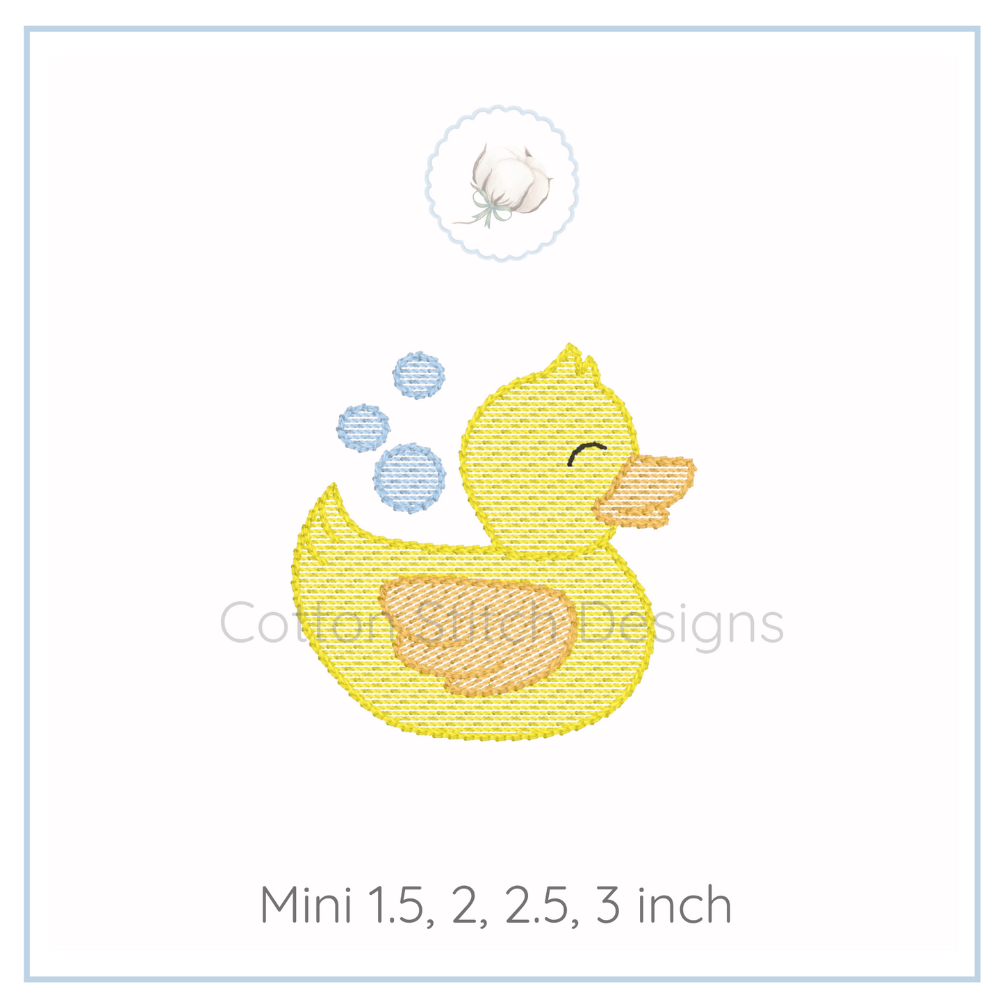 Machine Embroidery design Cotton Stitch Designs Embroidery design of a yellow rubber duck with bubbles on a white background, featuring Cotton Stitch Designs logo.