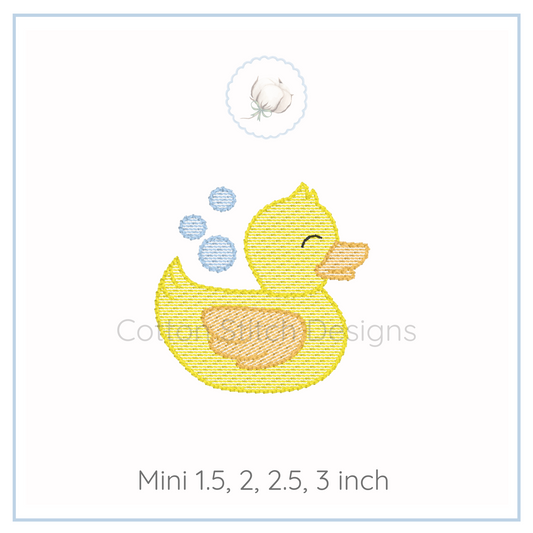 Machine Embroidery design Cotton Stitch Designs Embroidery design of a yellow rubber duck with bubbles on a white background, featuring Cotton Stitch Designs logo.