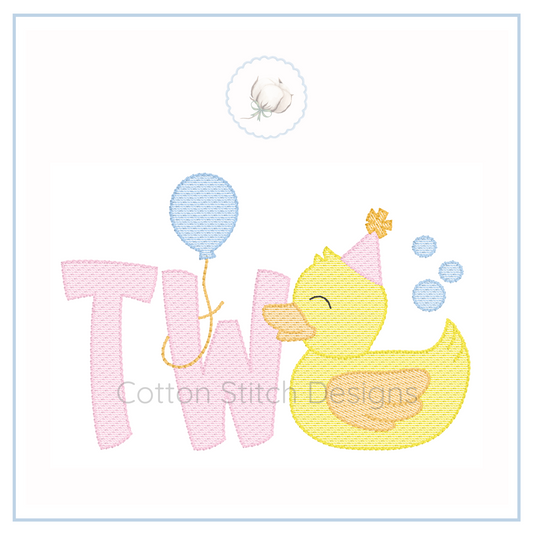 Machine Embroidery design Cotton Stitch Designs Embroidery design with a duck, balloons, and letters on a white background