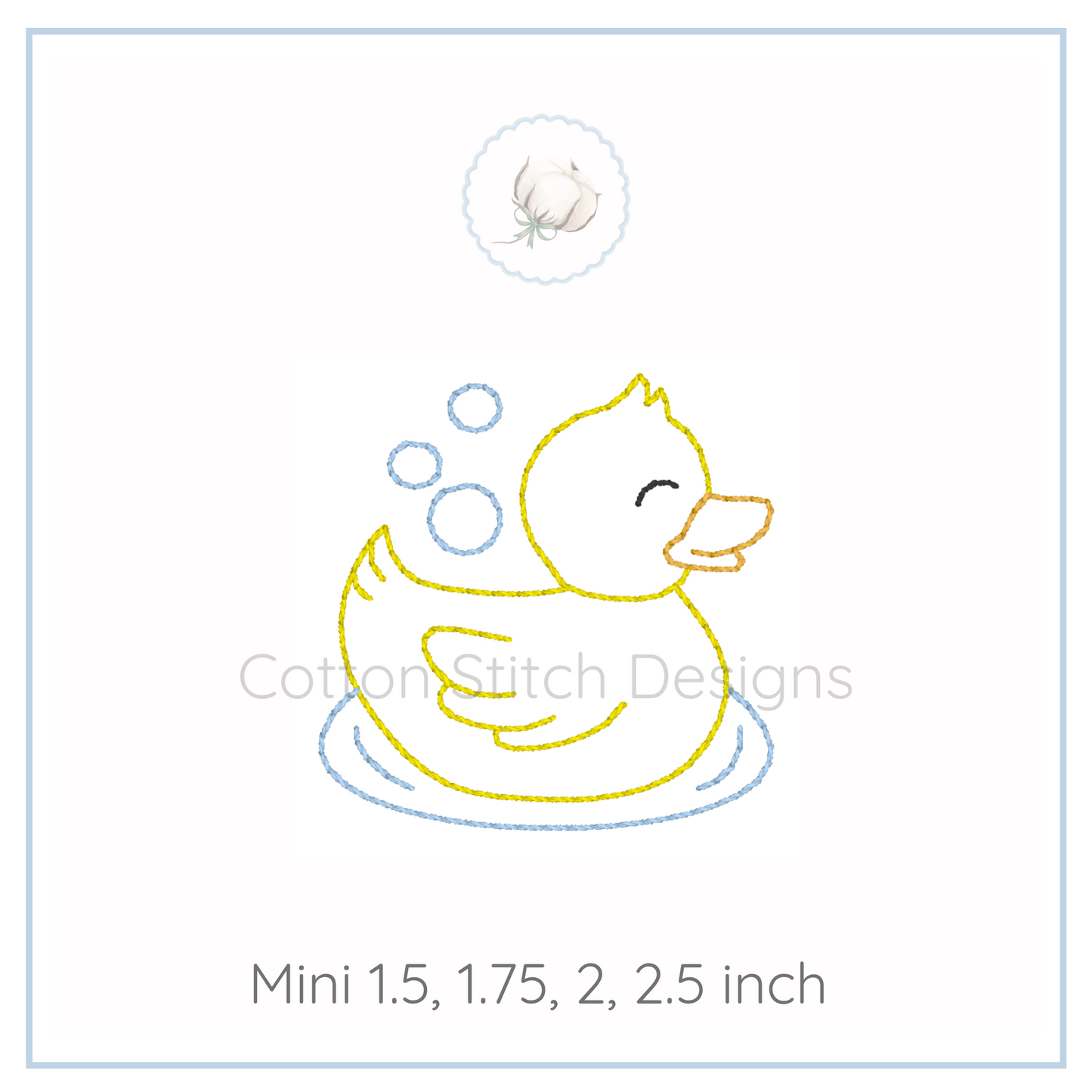 Machine Embroidery design Cotton Stitch Designs Embroidery design of a duck with bubbles on a white background, featuring 'Cotton Stitch Designs' branding.