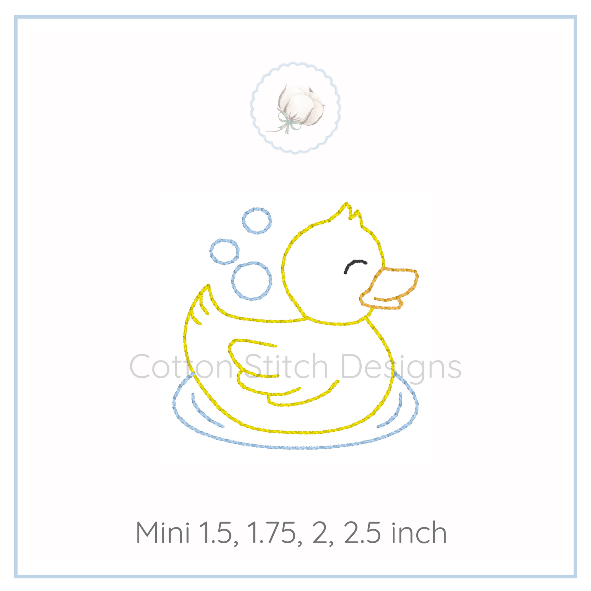 Machine Embroidery design Cotton Stitch Designs Embroidery design of a duck with bubbles on a white background, featuring 'Cotton Stitch Designs' branding.
