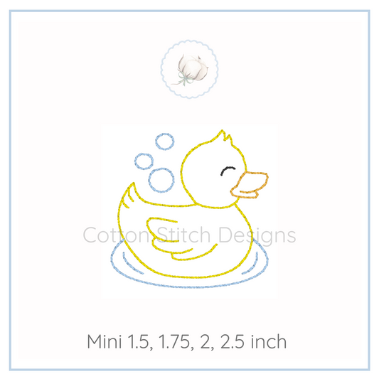 Machine Embroidery design Cotton Stitch Designs Embroidery design of a duck with bubbles on a white background, featuring 'Cotton Stitch Designs' branding.