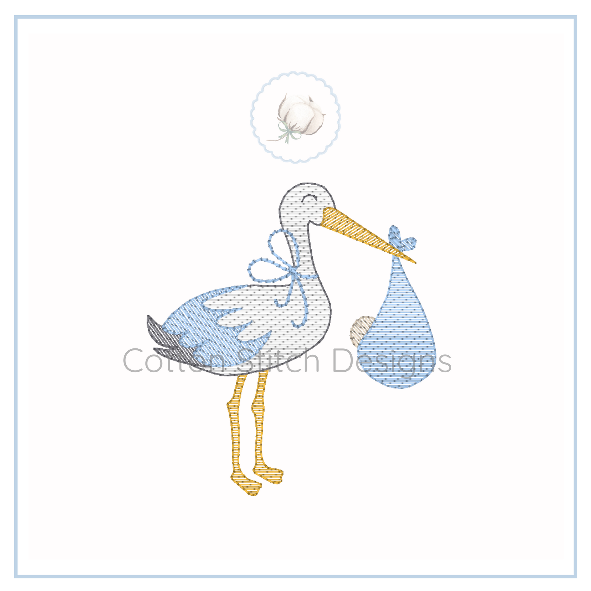 Machine Embroidery design Cotton Stitch Designs Embroidery design of a stork holding a baby in a blue blanket on a white background.