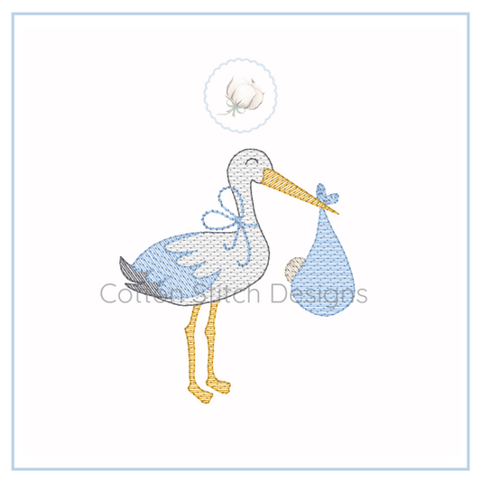 Machine Embroidery design Cotton Stitch Designs Embroidery design of a stork holding a baby in a blue blanket on a white background.