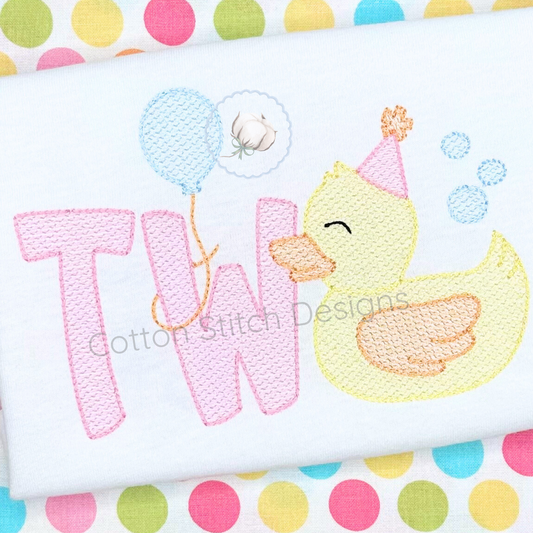Machine Embroidery design Cotton Stitch Designs Embroidered design with a duck, balloons, and letters on a polka dot background