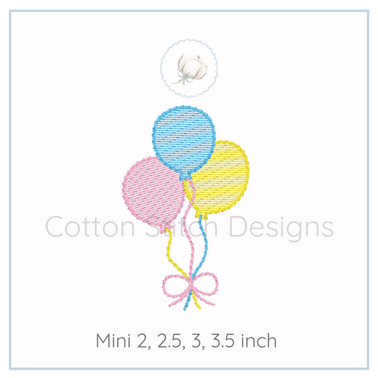 Machine Embroidery design Cotton Stitch Designs Embroidery design of three balloons in blue, pink, and yellow with a bow on a white background. Brand 'Cotton Stitch Designs' is visible.