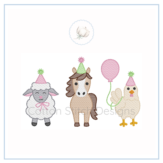 Machine Embroidery design Cotton Stitch Designs sheep, horse, and chicken with party hats and balloons..