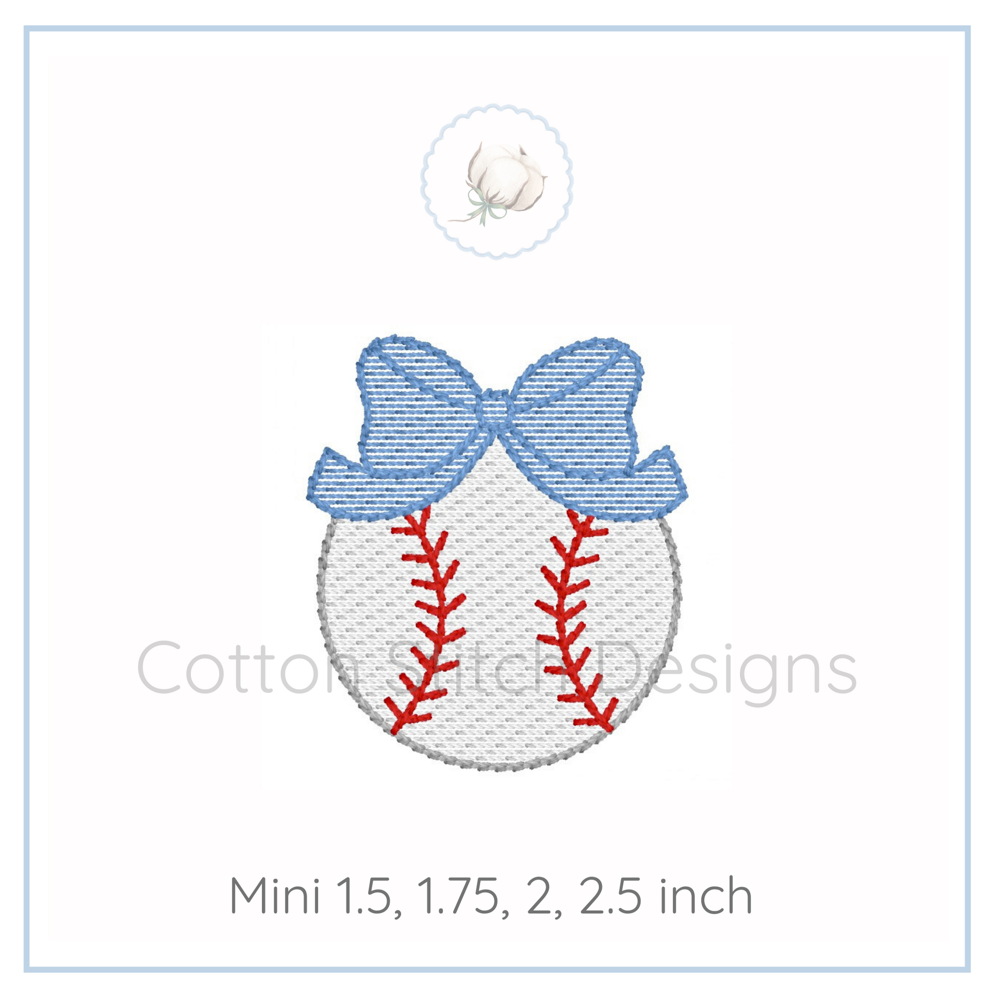 Machine Embroidery design Cotton Stitch Designs Embroidery design of a baseball with a blue bow on a white background, featuring the brand 'Cotton Stitch Designs'.