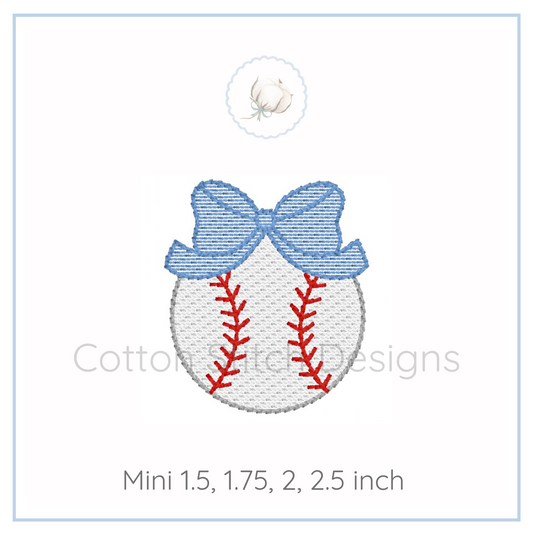 Machine Embroidery design Cotton Stitch Designs Embroidery design of a baseball with a blue bow on a white background, featuring the brand 'Cotton Stitch Designs'.
