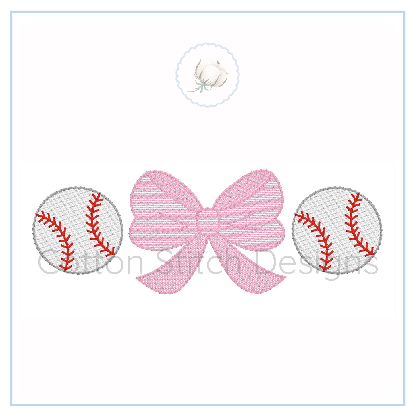 Machine Embroidery design Cotton Stitch Designs Embroidered design of a pink bow with two baseballs on a white background.
