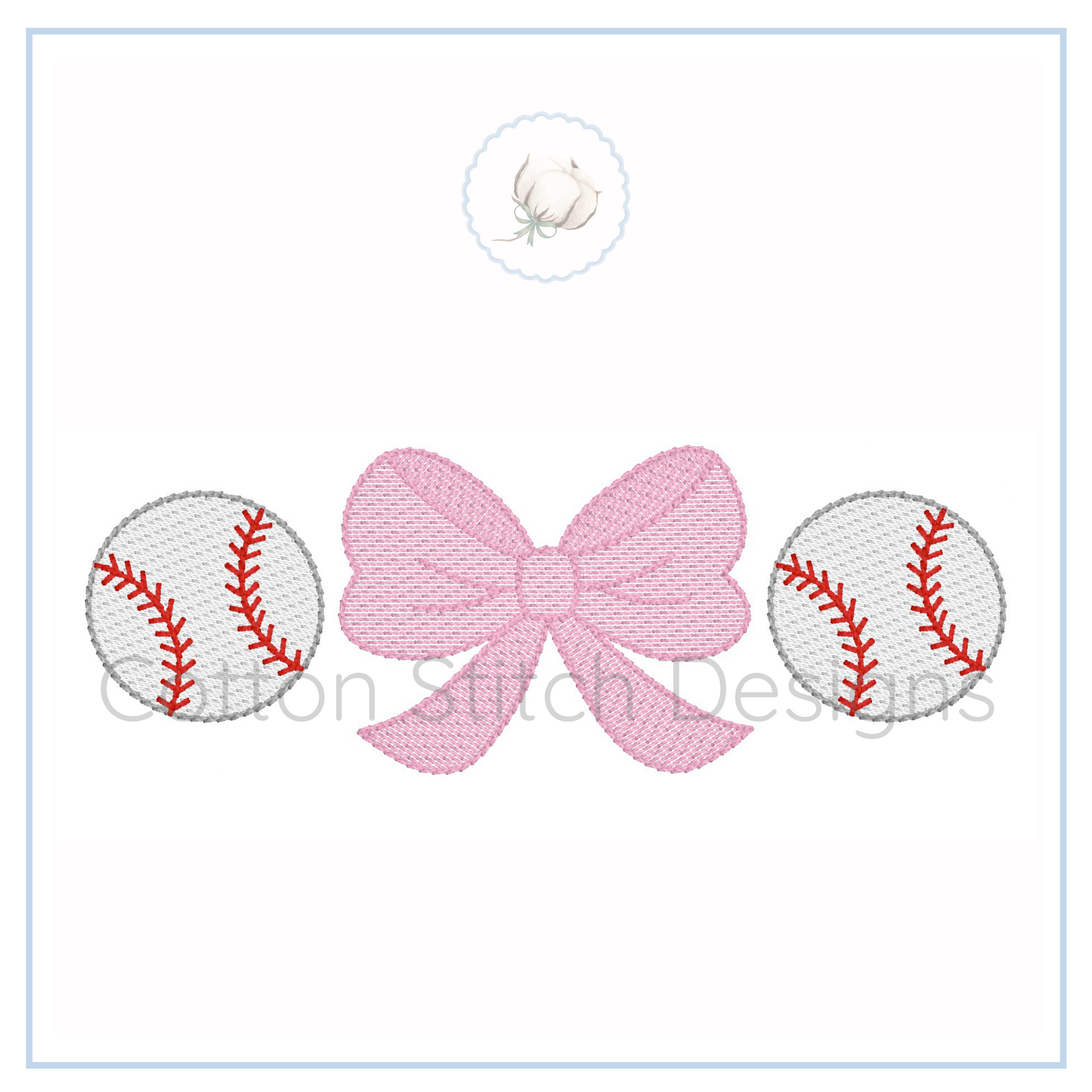 Machine Embroidery design Cotton Stitch Designs Embroidered design of a pink bow with two baseballs on a white background.