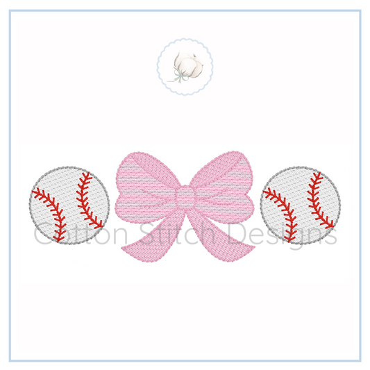 Machine Embroidery design Cotton Stitch Designs Embroidered design of a pink bow with two baseballs on a white background.