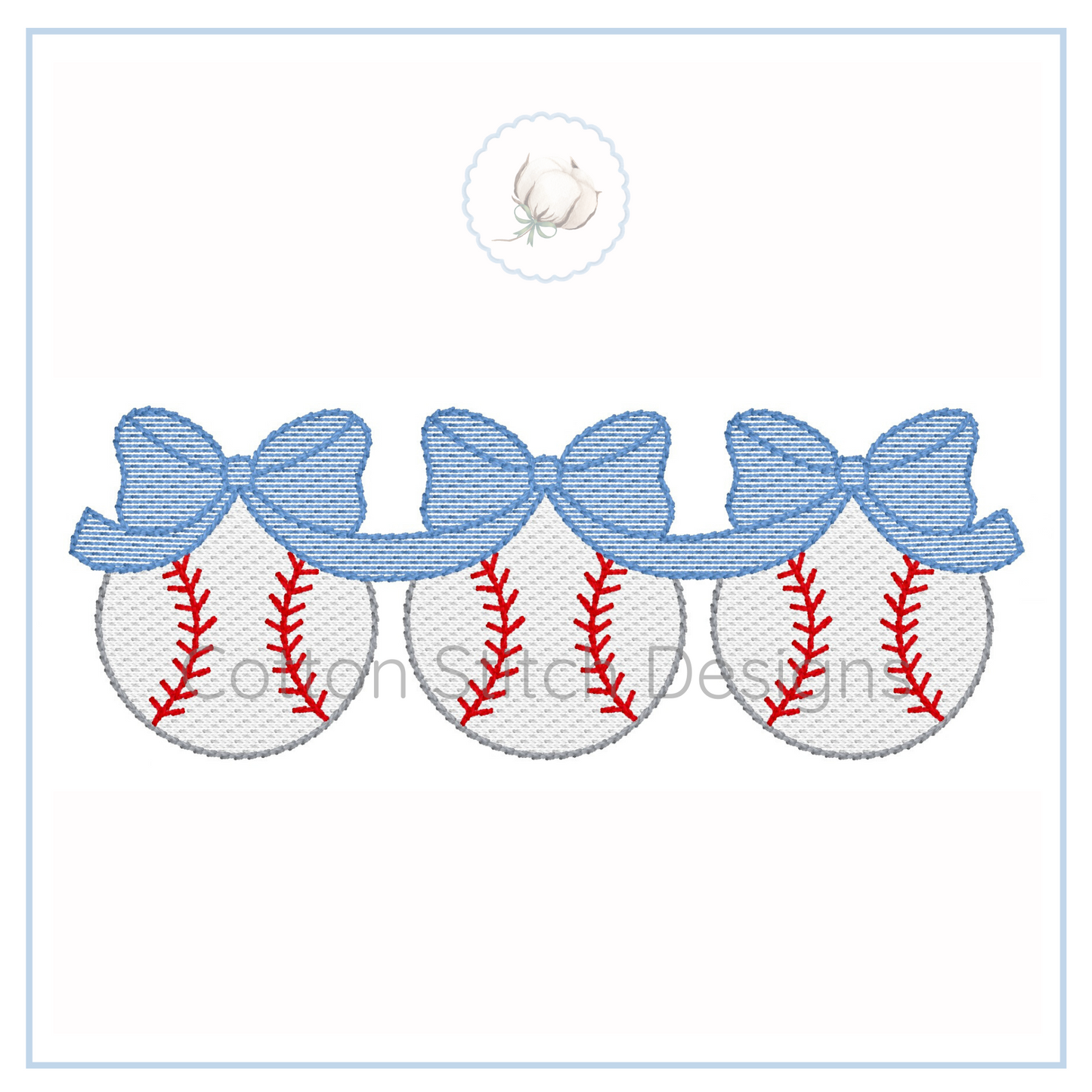 Machine Embroidery design Cotton Stitch Designs Embroidered design of three baseballs with red stitching on a white background, featuring blue ribbons.