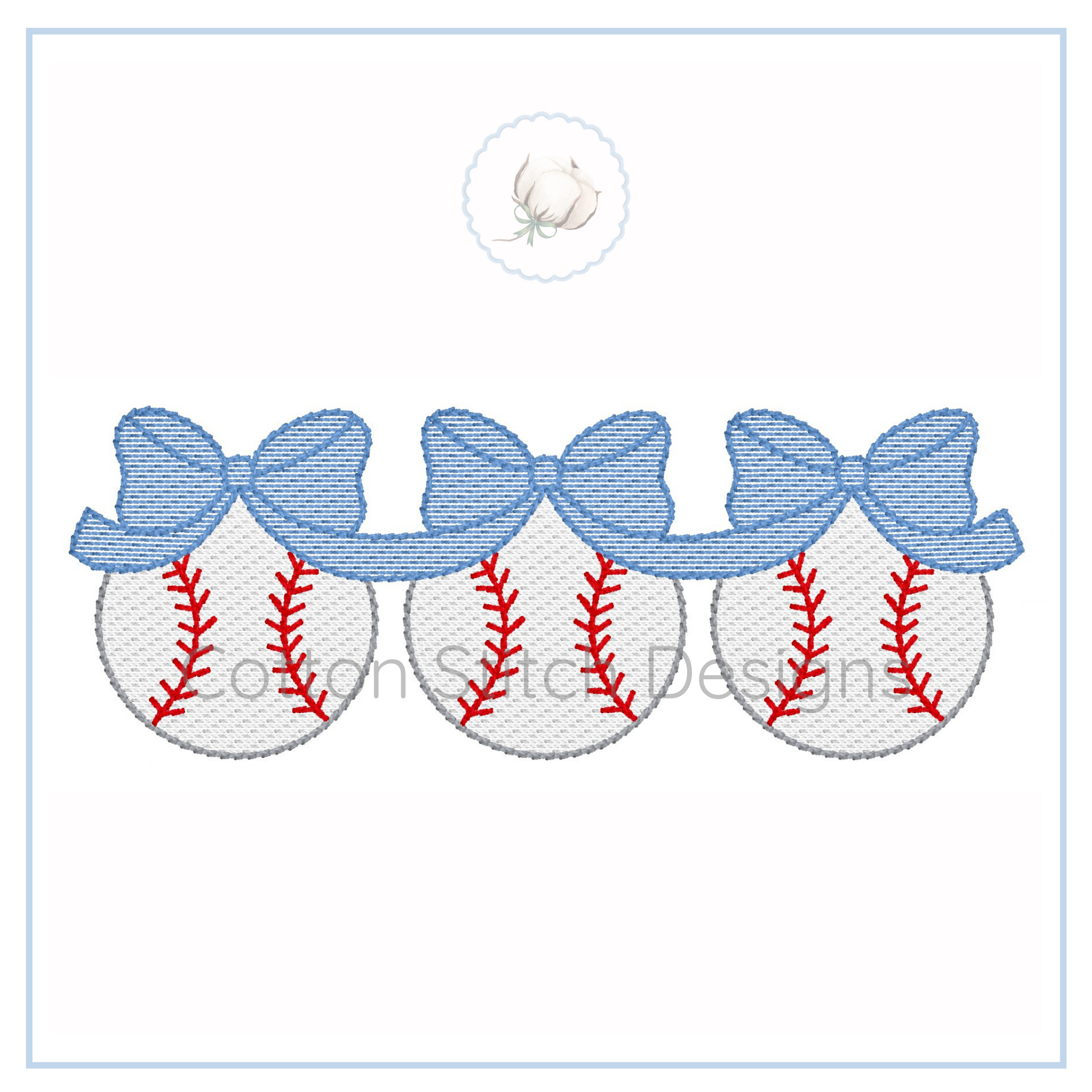 Machine Embroidery design Cotton Stitch Designs Embroidered design of three baseballs with red stitching on a white background, featuring blue ribbons.