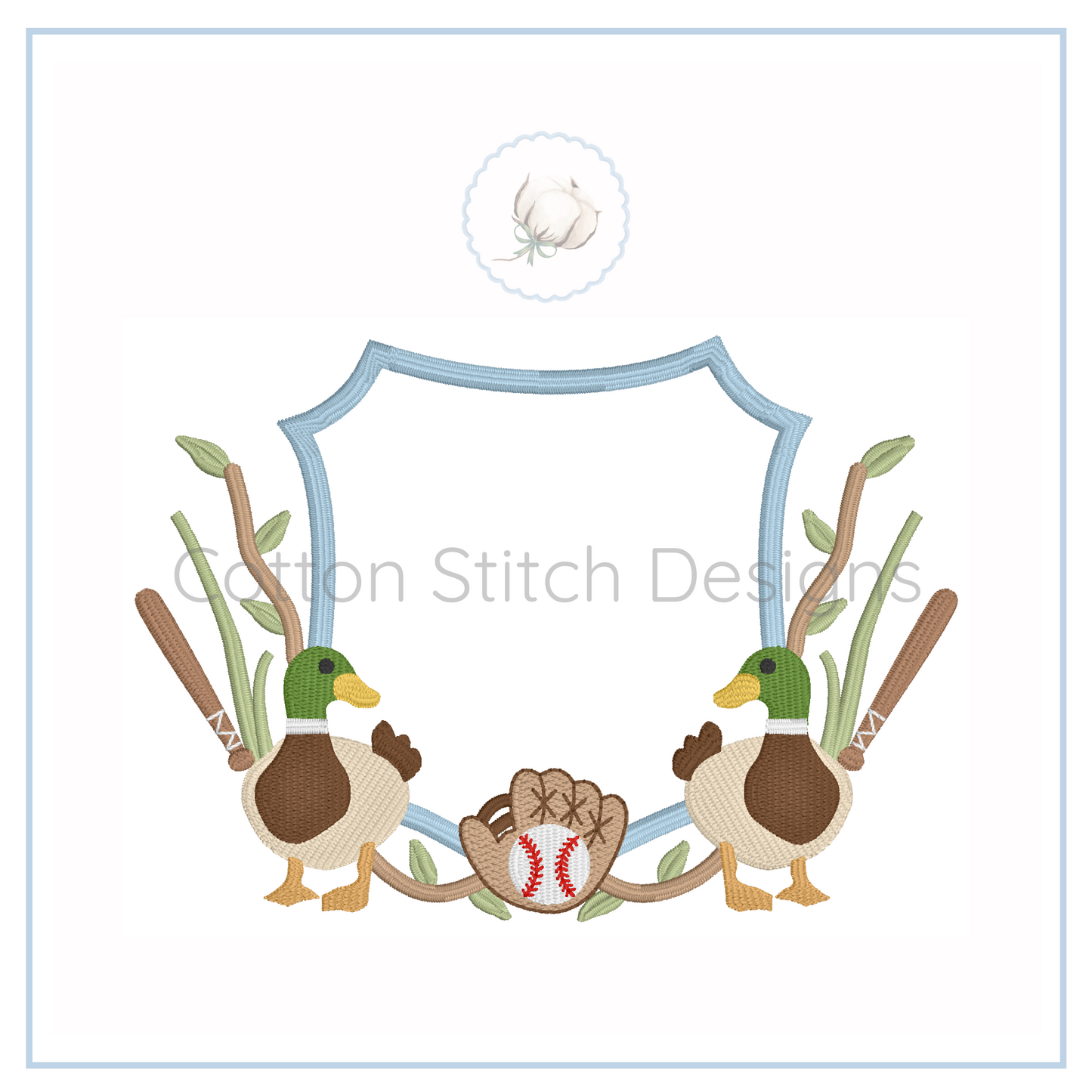 Machine Embroidery design Cotton Stitch Designs Two ducks with a baseball and bats crest on a white background, featuring the brand 'Cotton Stitch Designs'.