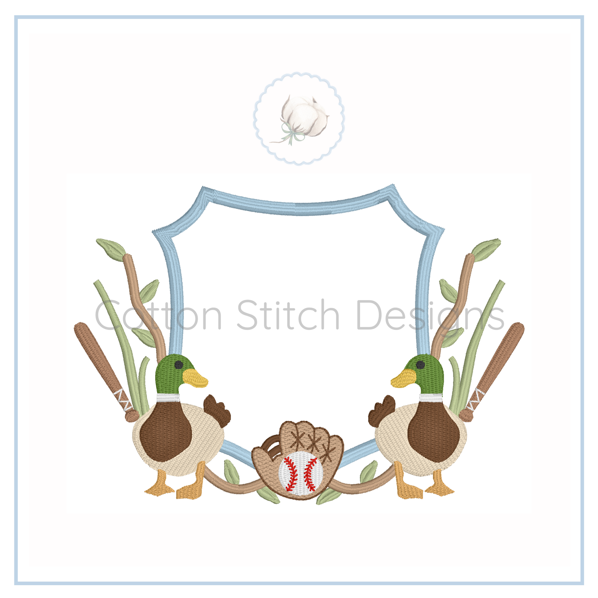 Machine Embroidery design Cotton Stitch Designs Two ducks with a baseball and bats crest on a white background, featuring the brand 'Cotton Stitch Designs'.