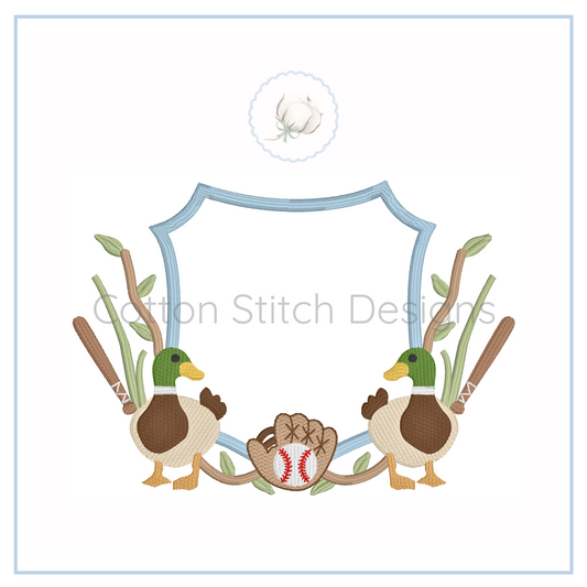 Machine Embroidery design Cotton Stitch Designs Two ducks with a baseball and bats crest on a white background, featuring the brand 'Cotton Stitch Designs'.