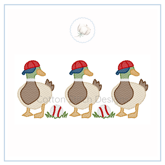 Machine Embroidery design Cotton Stitch Designs Three ducks with red hats on a white background