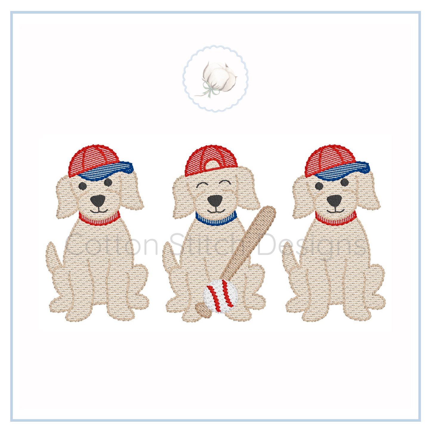 Machine Embroidery design Cotton Stitch Designs Three embroidered dogs wearing baseball caps and holding bats on a white background.
