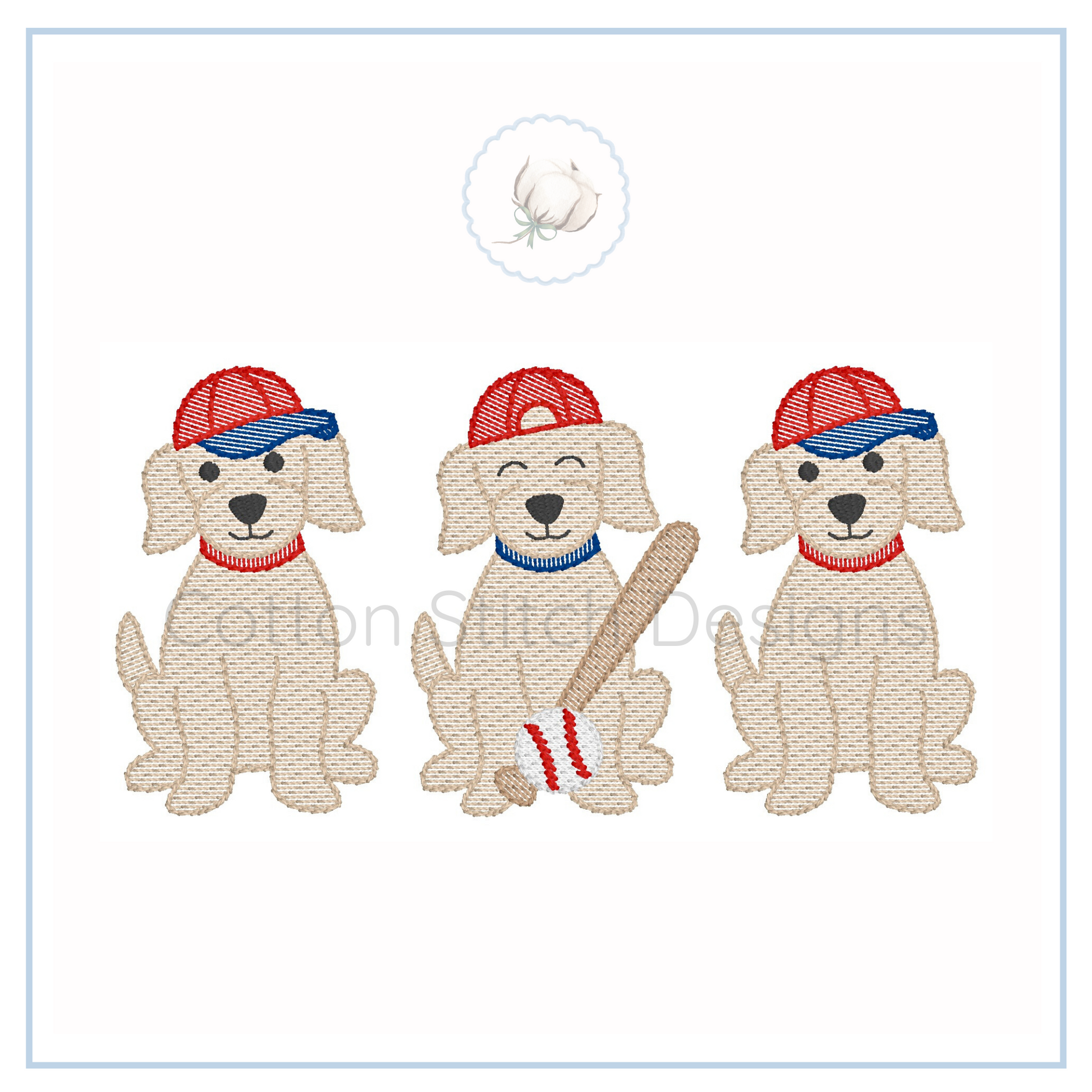 Machine Embroidery design Cotton Stitch Designs Three embroidered dogs wearing baseball caps and holding bats on a white background.