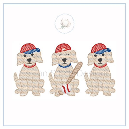 Machine Embroidery design Cotton Stitch Designs Three embroidered dogs wearing baseball caps and holding bats on a white background.