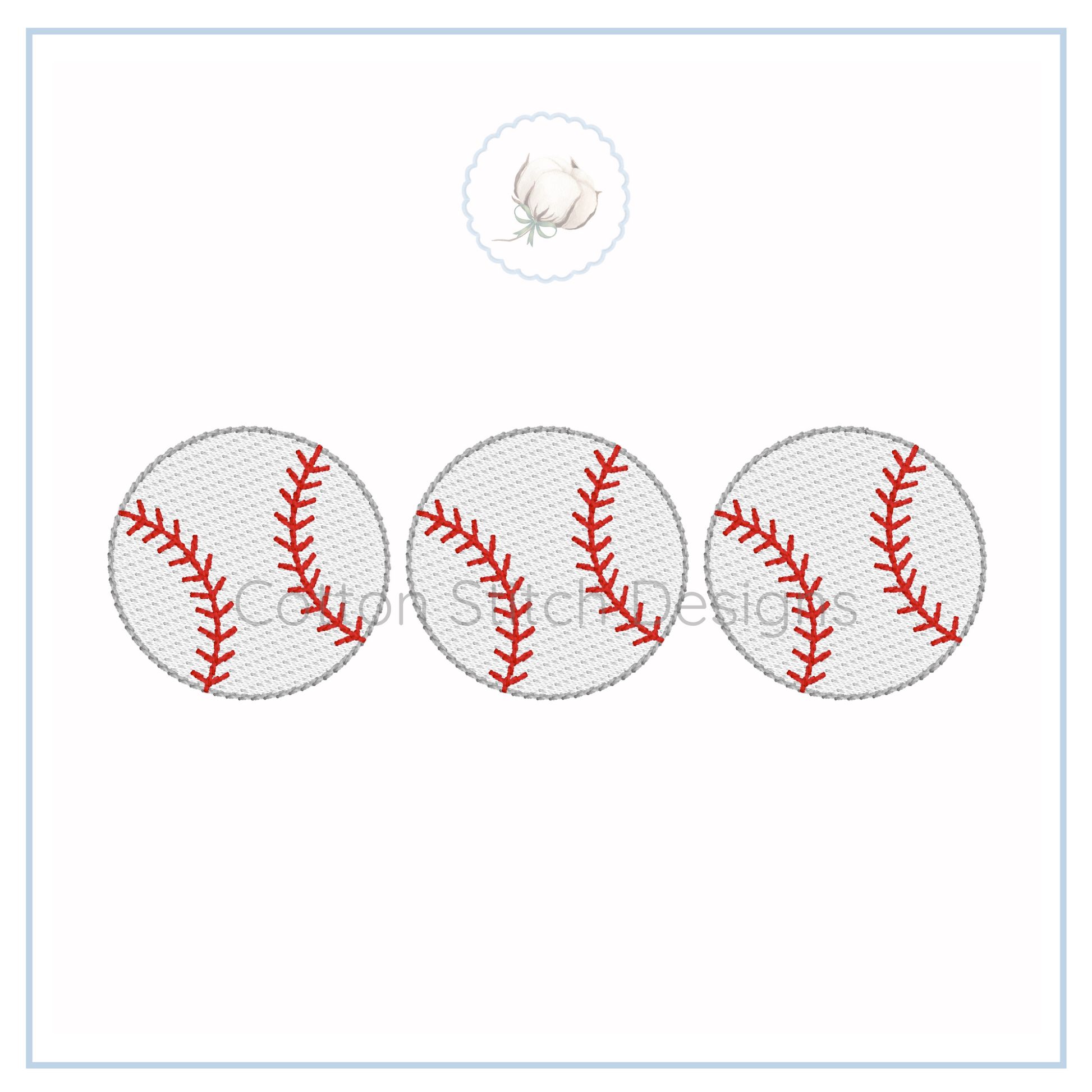Machine Embroidery design Cotton Stitch Designs Three baseballs with red stitching on a white card.
