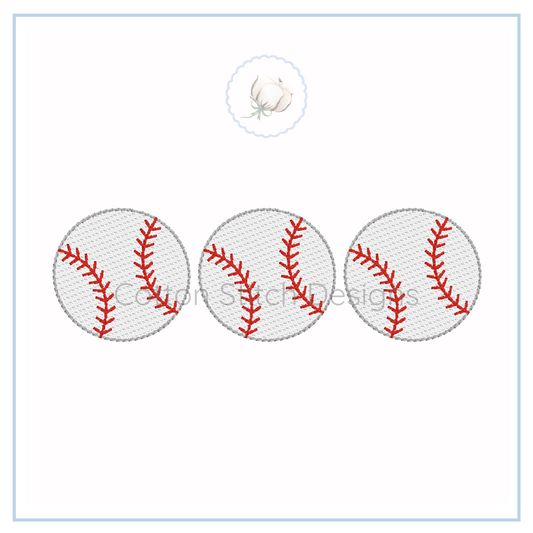 Machine Embroidery design Cotton Stitch Designs Three baseballs with red stitching on a white card.