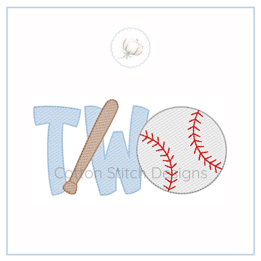Machine Embroidery design Cotton Stitch Designs with 'TWO' letters, a baseball, and a baseball bat.