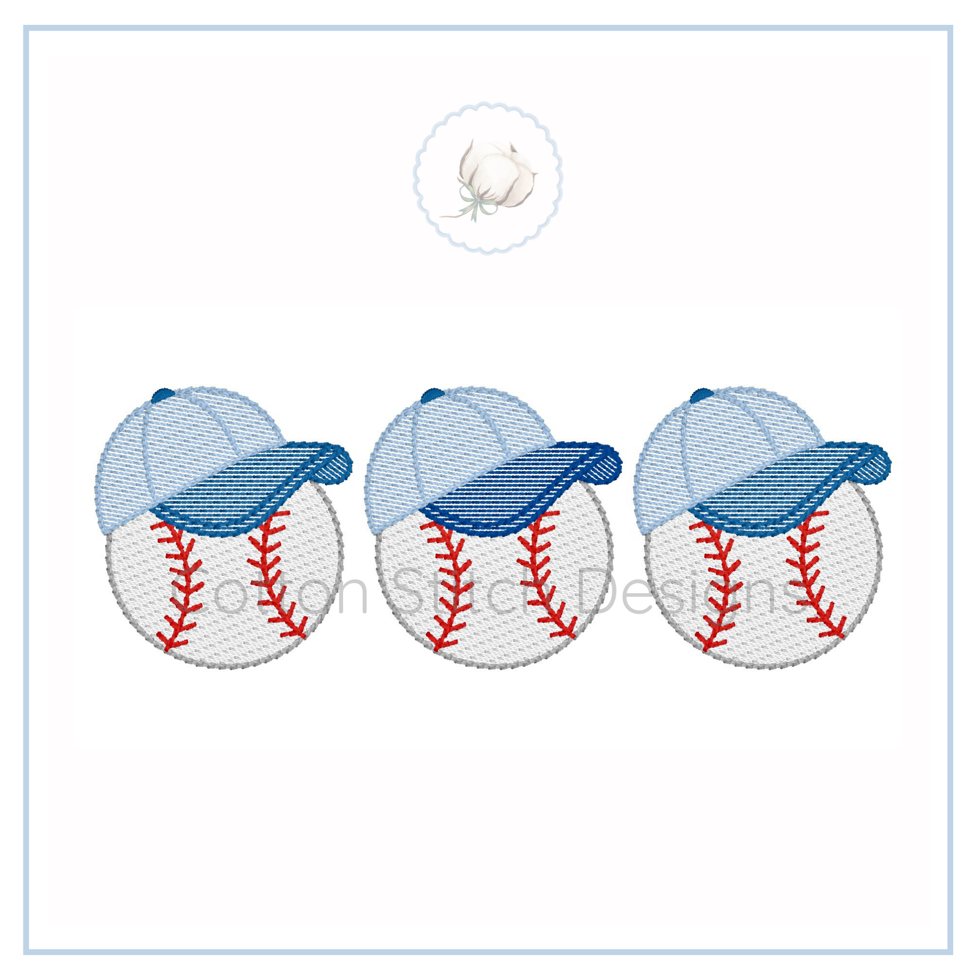 Machine Embroidery design Cotton Stitch Designs Three embroidered baseballs with blue caps on a white background