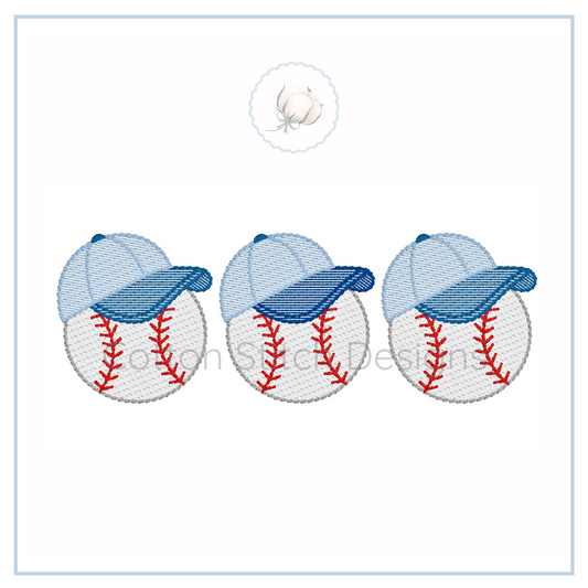Machine Embroidery design Cotton Stitch Designs Three embroidered baseballs with blue caps on a white background