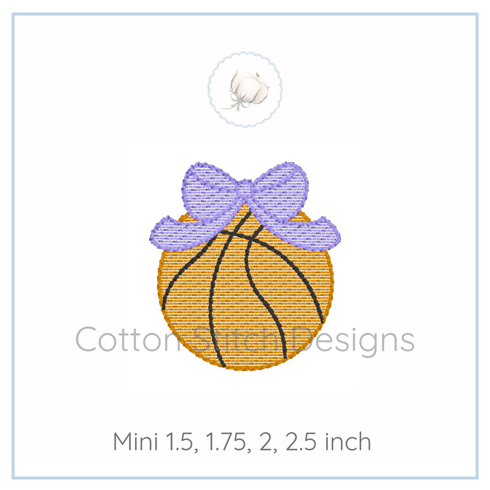 Machine Embroidery design Cotton Stitch Designs Embroidery design of a basketball with a purple bow on a white background, branded 'Cotton Stitch Designs'.