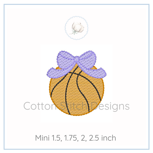 Machine Embroidery design Cotton Stitch Designs Embroidery design of a basketball with a purple bow on a white background, branded 'Cotton Stitch Designs'.