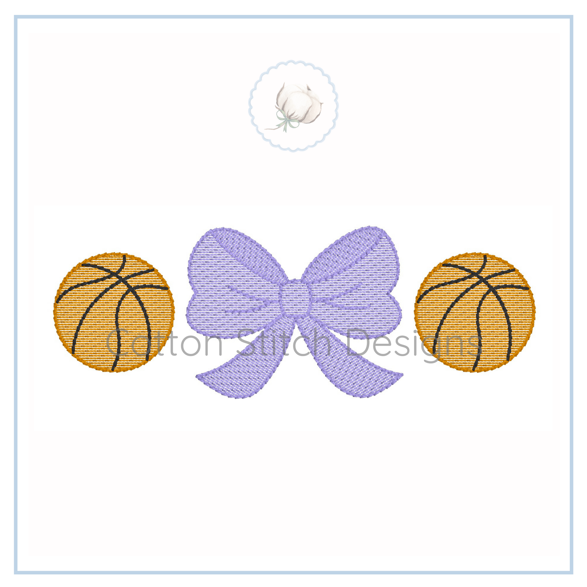 Machine Embroidery design Cotton Stitch Designs Embroidery design with a purple bow and two basketballs on a white background.
