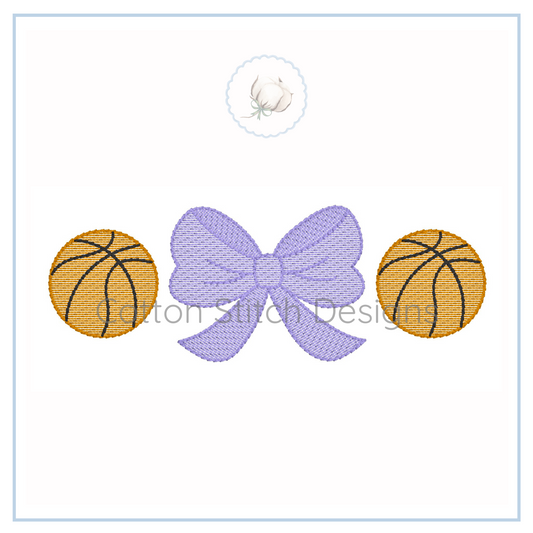 Machine Embroidery design Cotton Stitch Designs Embroidery design with a purple bow and two basketballs on a white background.