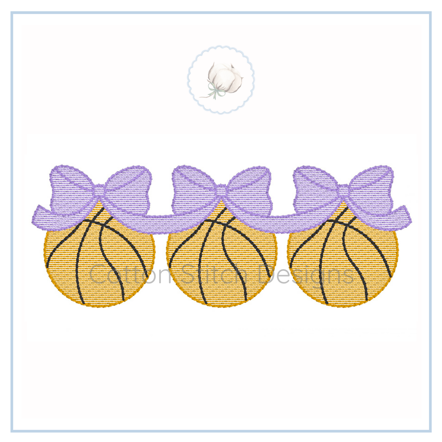 Machine Embroidery design Cotton Stitch Designs Embroidered design of three basketballs with purple ribbons on a white background
