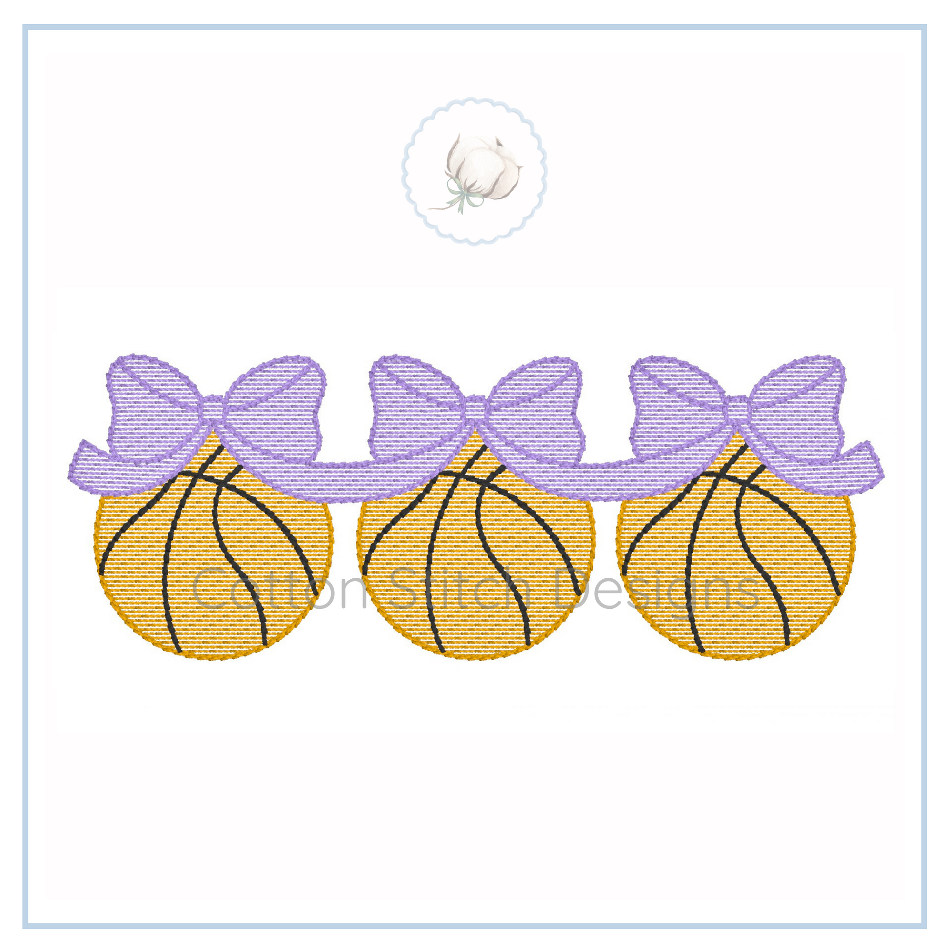 Machine Embroidery design Cotton Stitch Designs Embroidered design of three basketballs with purple ribbons on a white background