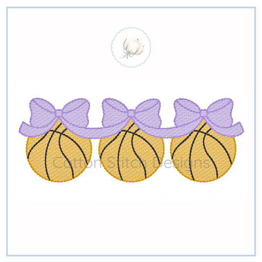 Machine Embroidery design Cotton Stitch Designs Embroidered design of three basketballs with purple ribbons on a white background
